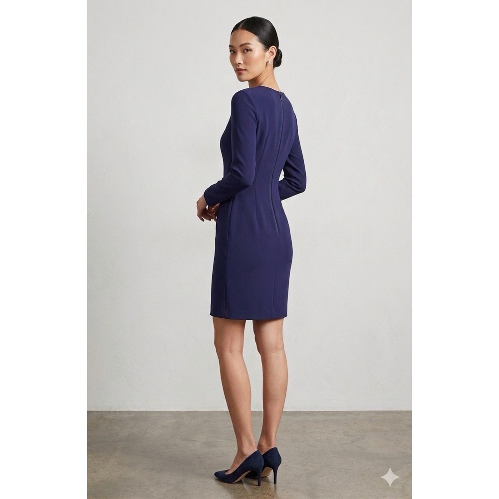 Minimalist Navy Blue Long Sleeve Silk Dress Formal Evening Cocktail Mini Dress 2